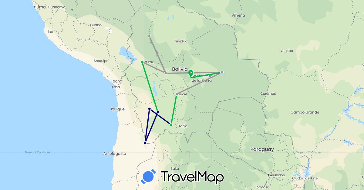 TravelMap itinerary: driving, bus, plane in Bolivia, Chile (South America)