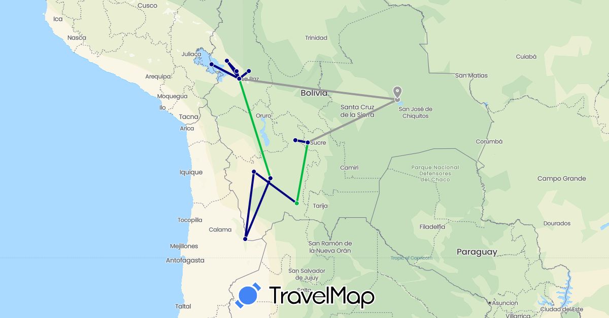 TravelMap itinerary: driving, bus, plane in Bolivia, Chile, Peru (South America)